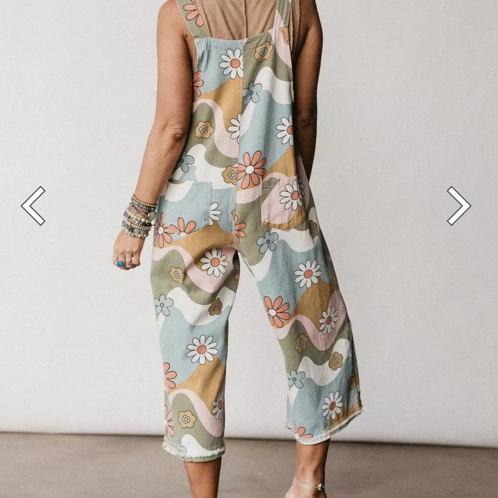 Three Bird Nest, Floral High Hopes Denim slouchy Overalls Jump S New Green - Picture 2 of 8